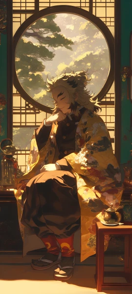 elegant anime boy wallpaper — forked eyebrows, demon slayer uniform, male focus (free 4K phone download)