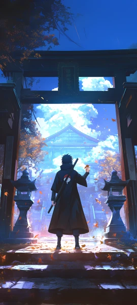 cool anime boy wallpaper — weapon, sky, torii (free 4K phone download)