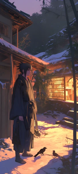 romantic anime boy wallpaper — bird, male focus, snow (free 4K phone download)