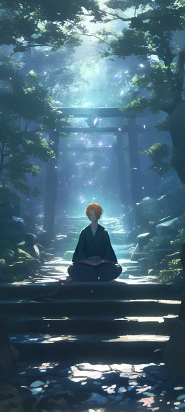 serene anime boy wallpaper — male focus, tree, torii (free 4K phone download)