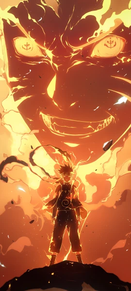 epic anime boy wallpaper — male focus, fire, from behind (free 4K phone download)