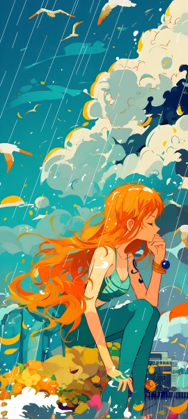 whimsical anime girl wallpaper — orange hair, long hair, closed eyes (free 4K phone download)