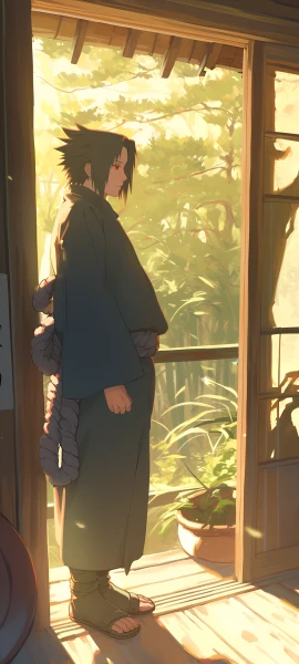 serene anime boy wallpaper — male focus, black hair, plant (free 4K phone download)