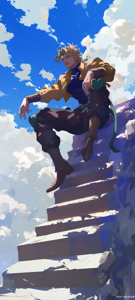 epic anime boy wallpaper — yellow jacket, stairs, male focus (free 4K phone download)