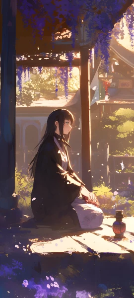 serene anime girl wallpaper — japanese clothes, long hair, black hair, seiza (free 4K phone download)