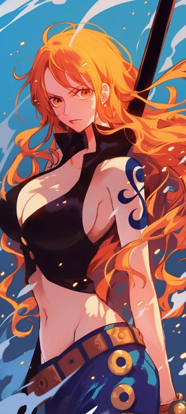 colorful anime girl wallpaper — orange hair, long hair, navel (free 4K phone download)