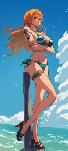 cute anime girl wallpaper — swimsuit, bikini, orange hair (free 4K phone download)