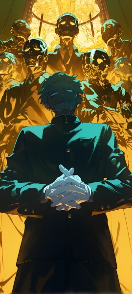 mysterious anime boy wallpaper — own hands together, male focus, school uniform, gloves (free 4K phone download)