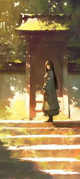 serene anime girl wallpaper — long hair, black hair, stairs (free 4K phone download)