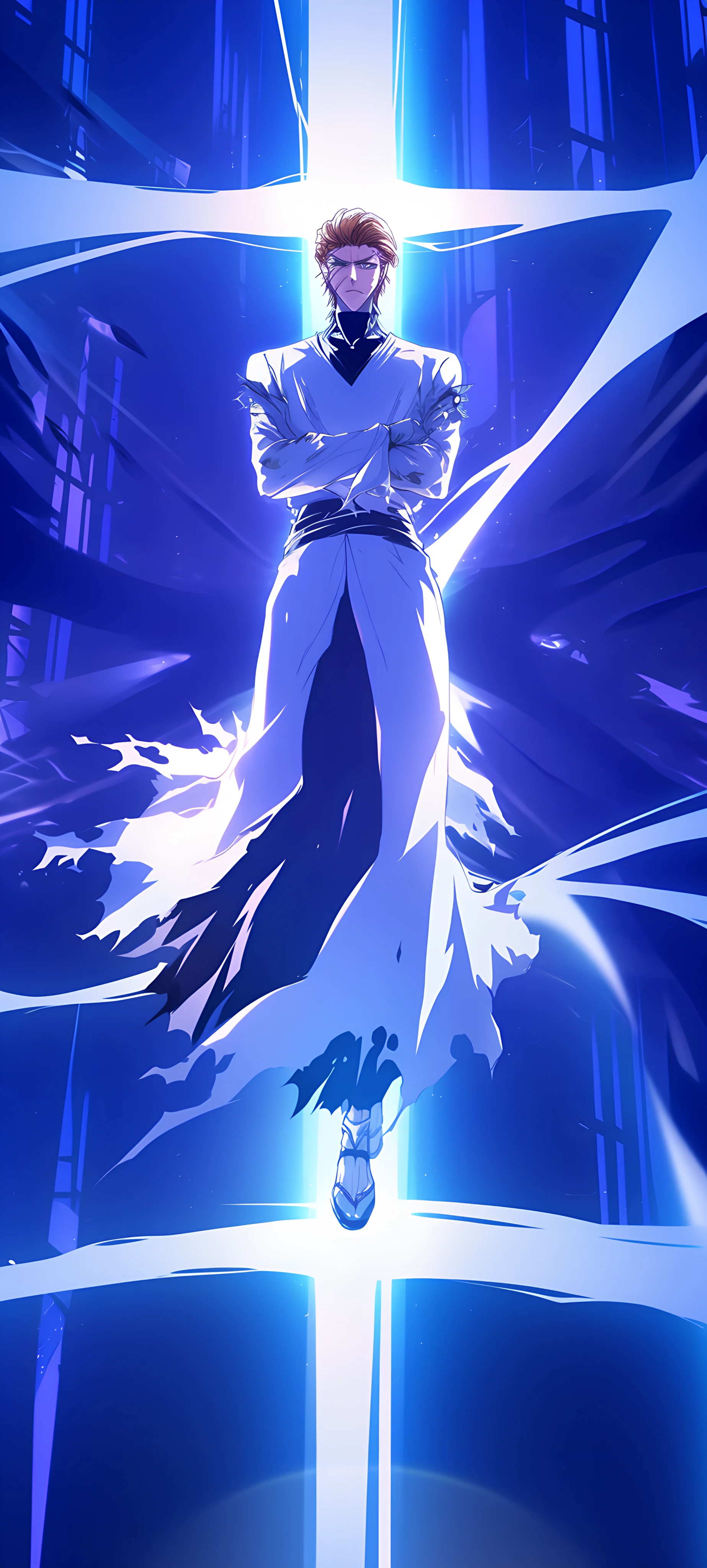 epic anime boy wallpaper — male focus, crossed arms, torn clothes (free 4K phone download)