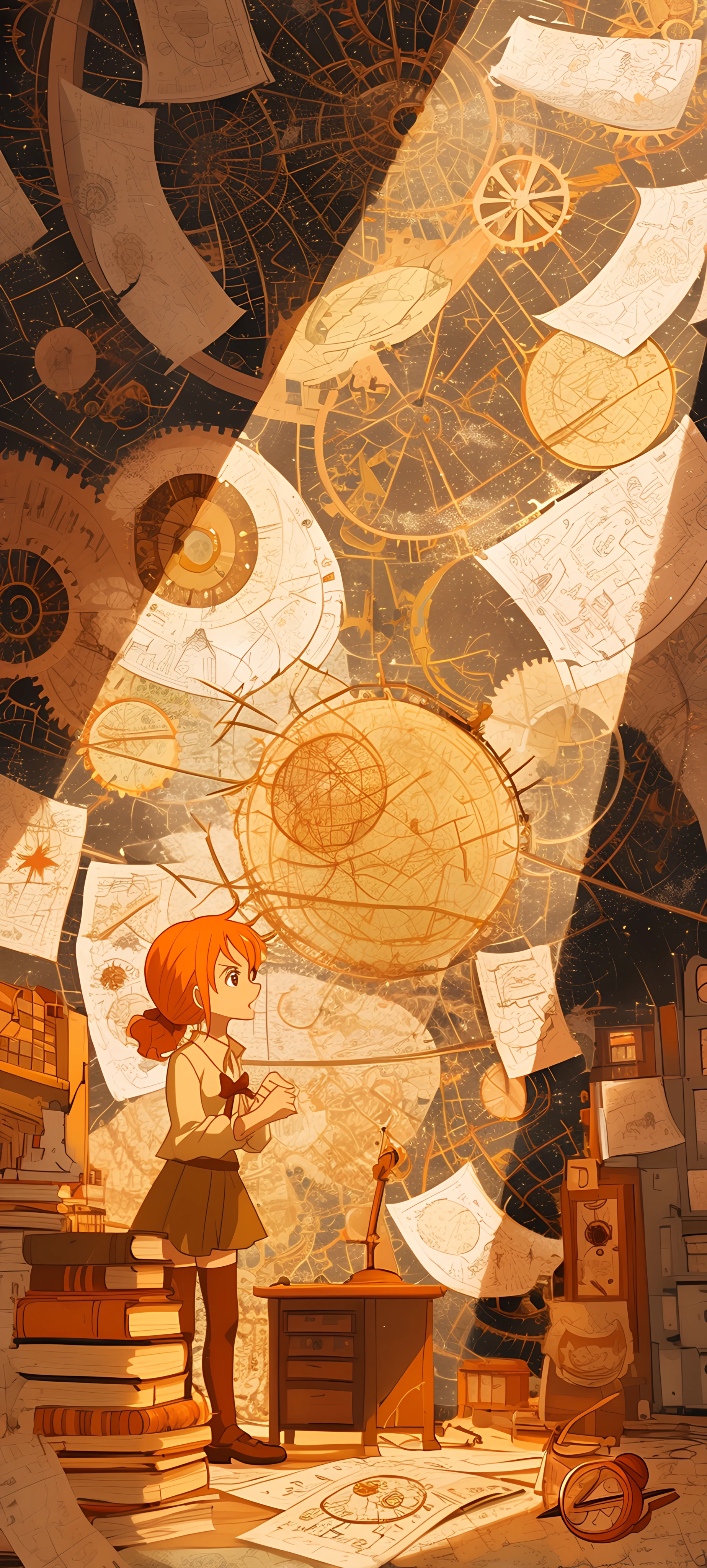 whimsical anime girl wallpaper — book, globe, book stack (free 4K phone download)