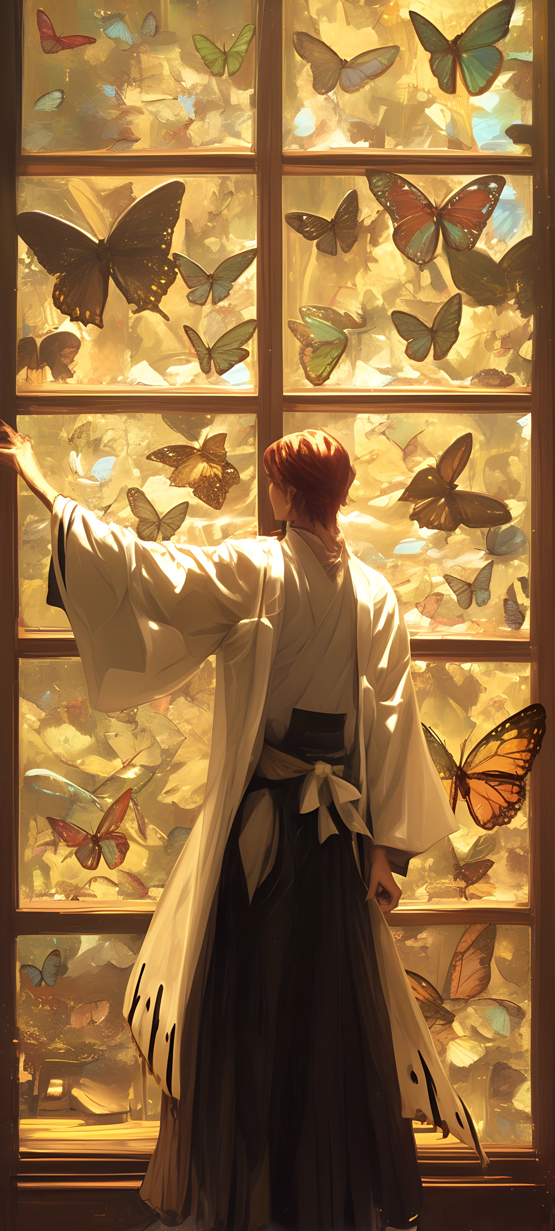 serene anime boy wallpaper — bug, japanese clothes, butterfly, wide sleeves (free 4K phone download)