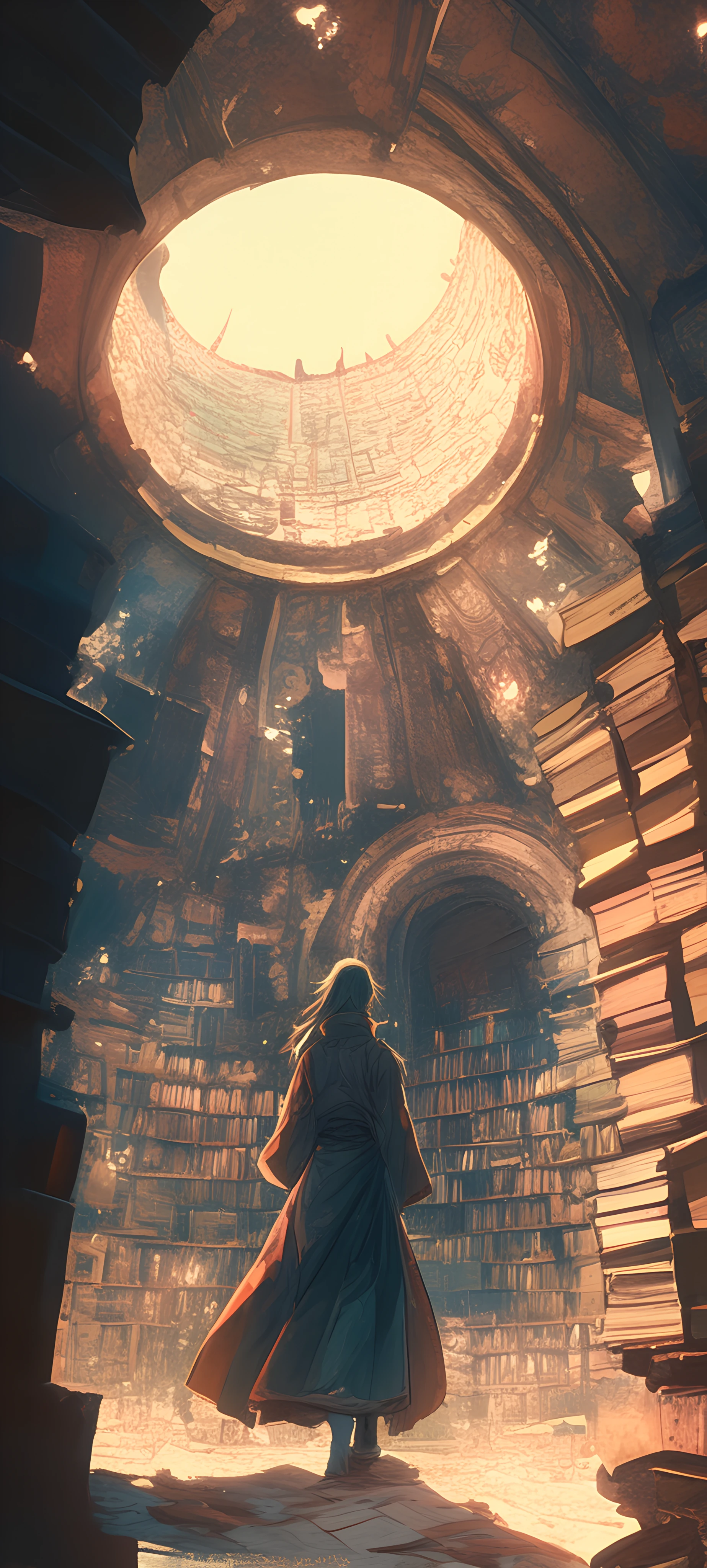 magical anime boy wallpaper — robe, book, library, from behind (free 4K phone download)