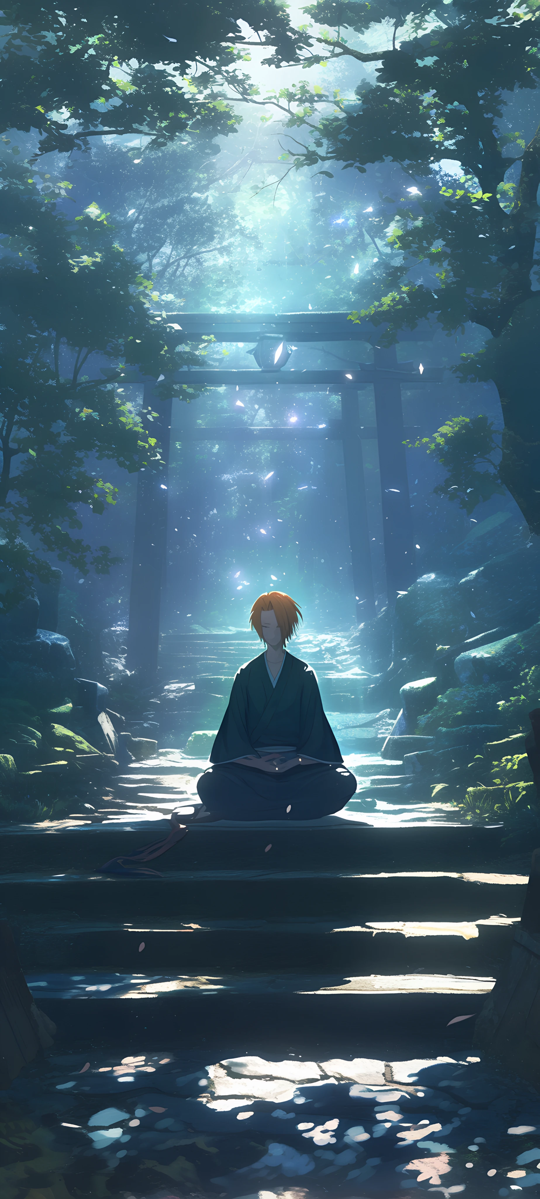 serene anime boy wallpaper — male focus, tree, torii (free 4K phone download)