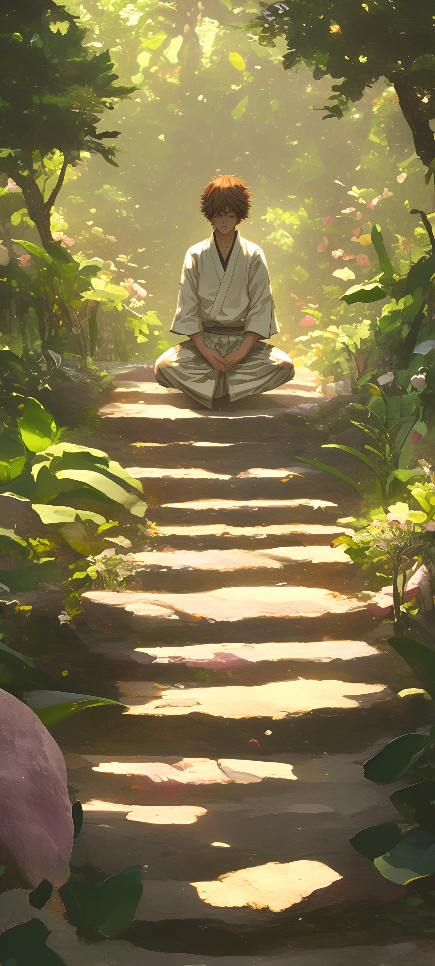 serene anime boy wallpaper — male focus, japanese clothes, dappled sunlight (free 4K phone download)