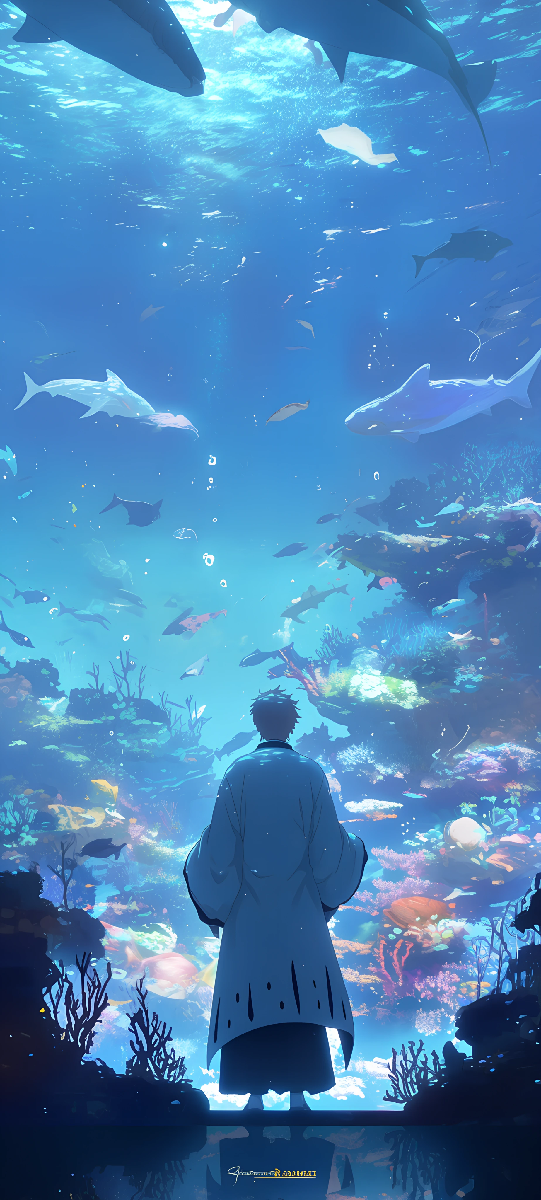 dreamy anime boy wallpaper — male focus, coral, from behind (free 4K phone download)