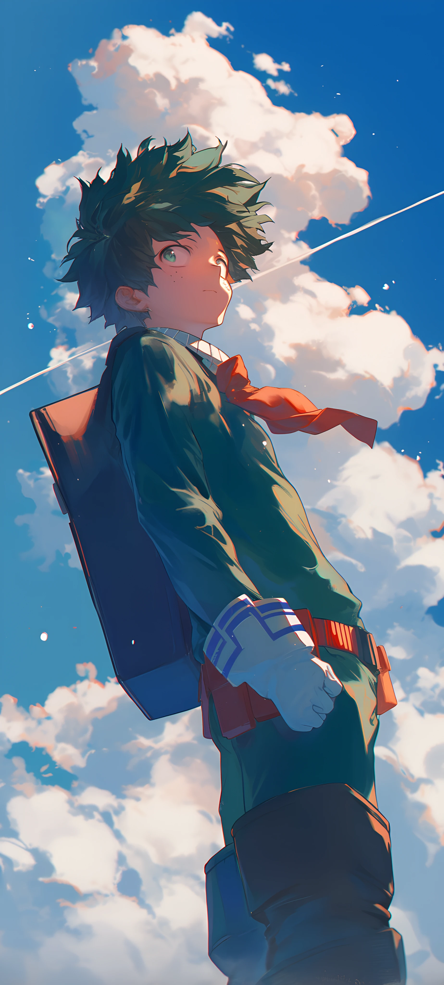 dreamy anime boy wallpaper — male focus, green hair, gloves (free 4K phone download)