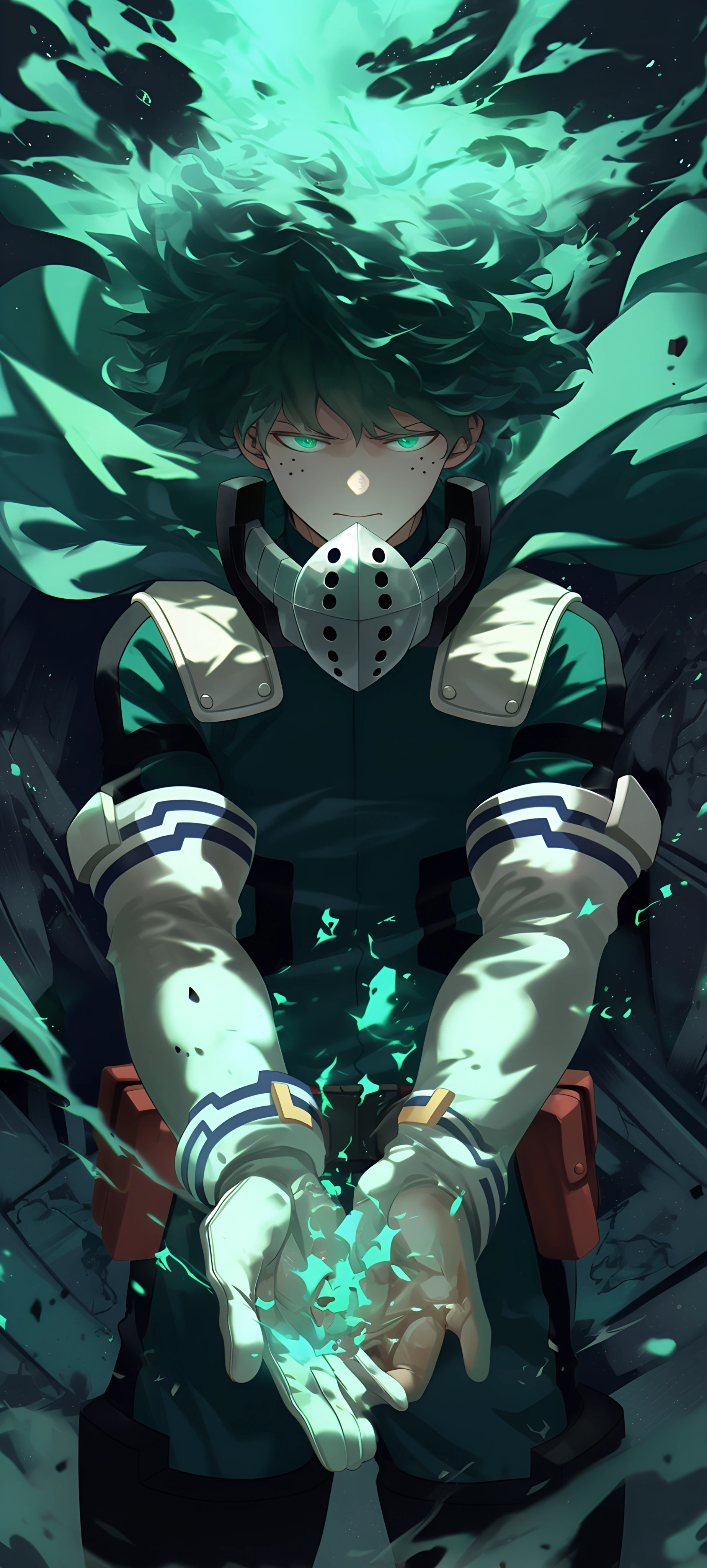 magical anime boy wallpaper — male focus, gloves, green hair (free 4K phone download)