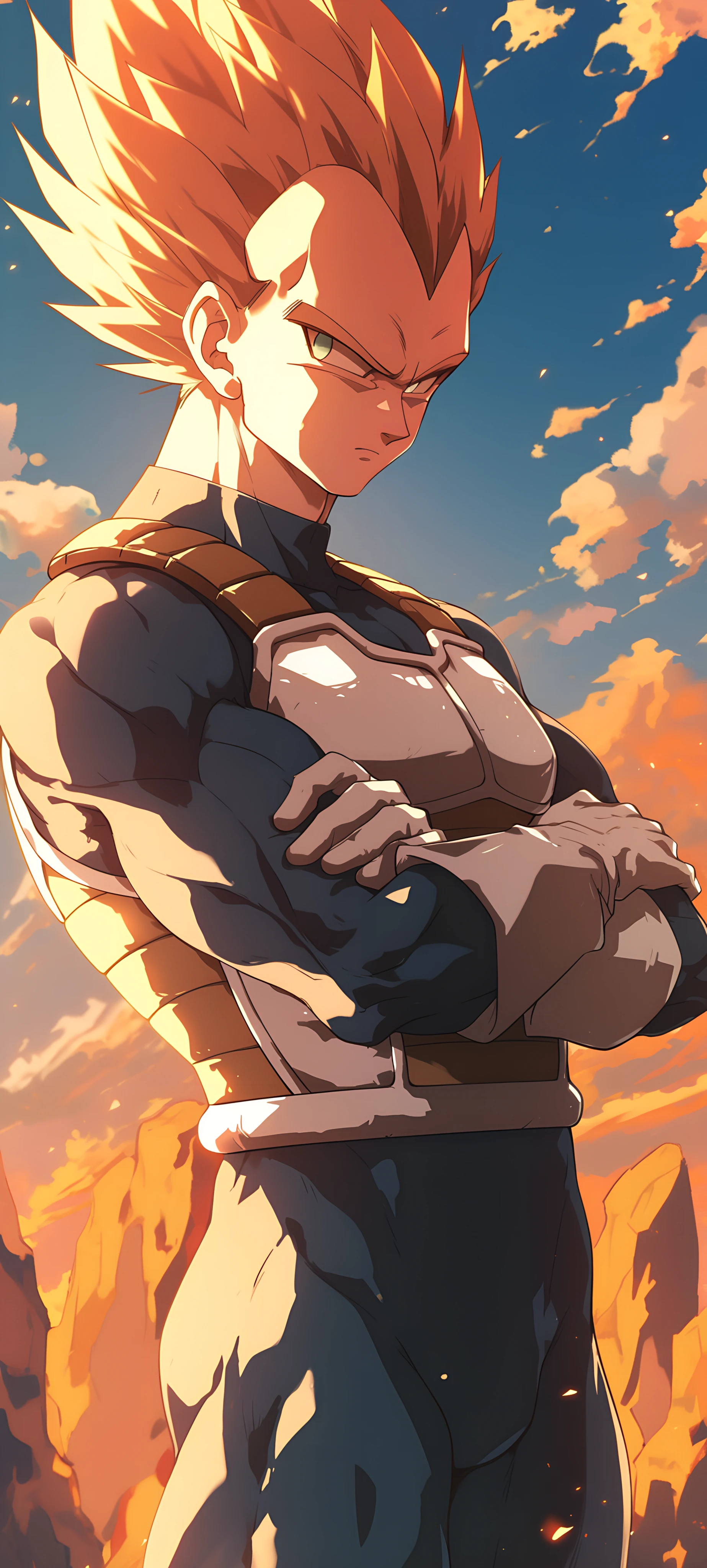 epic anime boy wallpaper — male focus, gloves, crossed arms (free 4K phone download)