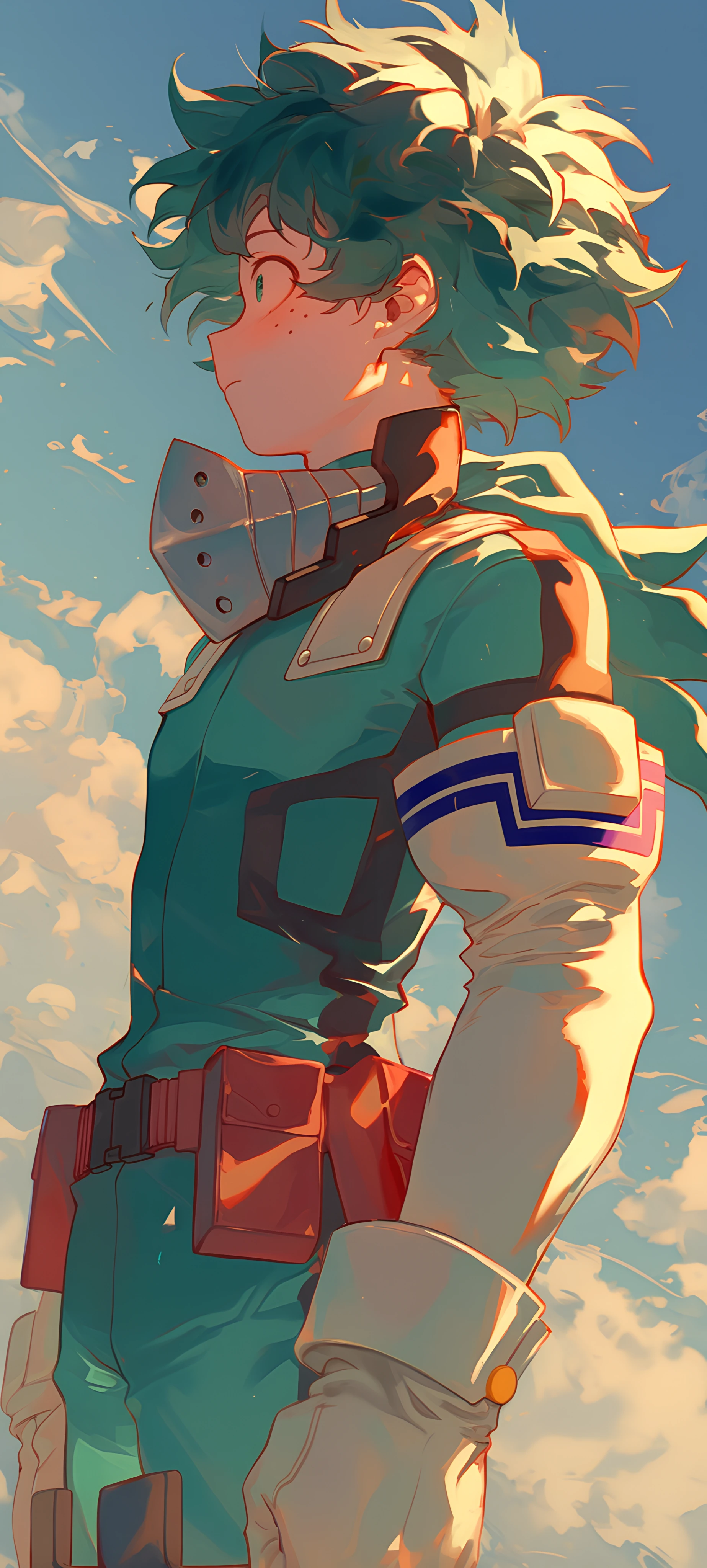 vaporwave anime boy wallpaper — male focus, freckles, gloves (free 4K phone download)