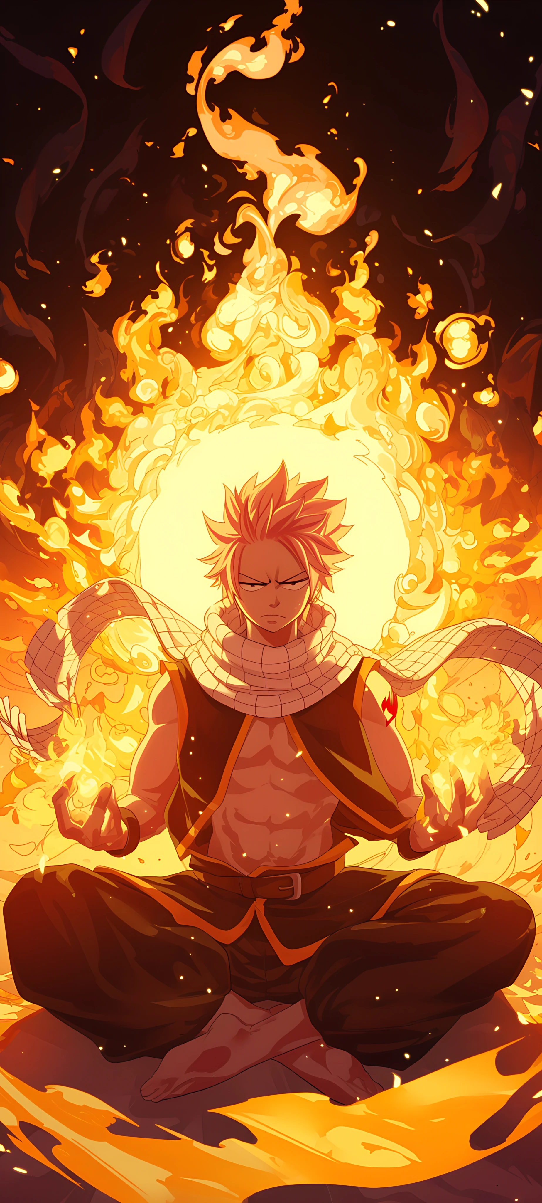 epic anime boy wallpaper — male focus, fire, scarf (free 4K phone download)