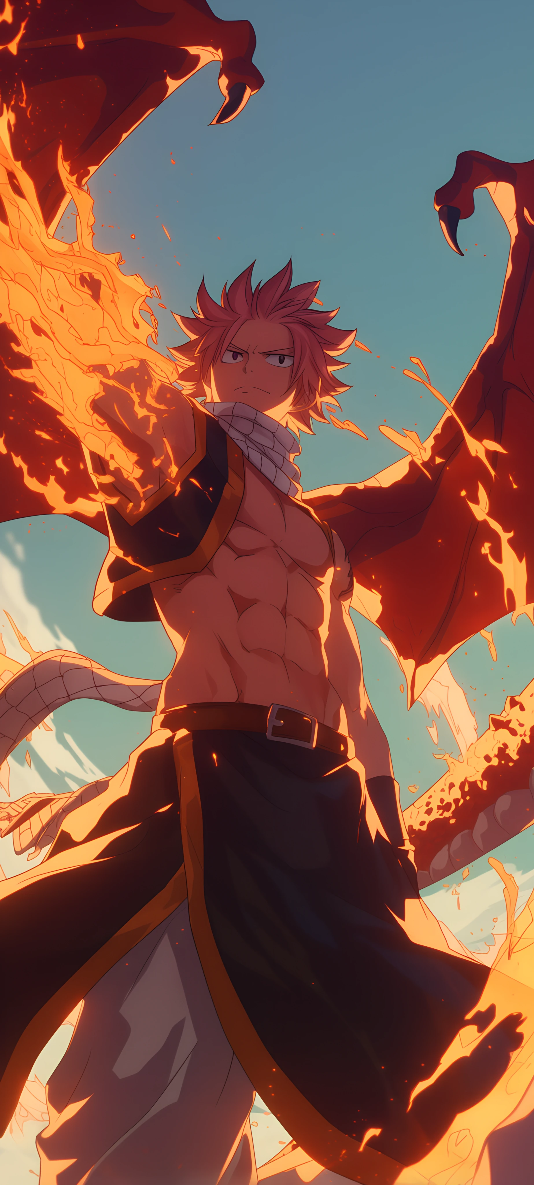 epic anime boy wallpaper — male focus, scarf, fire (free 4K phone download)