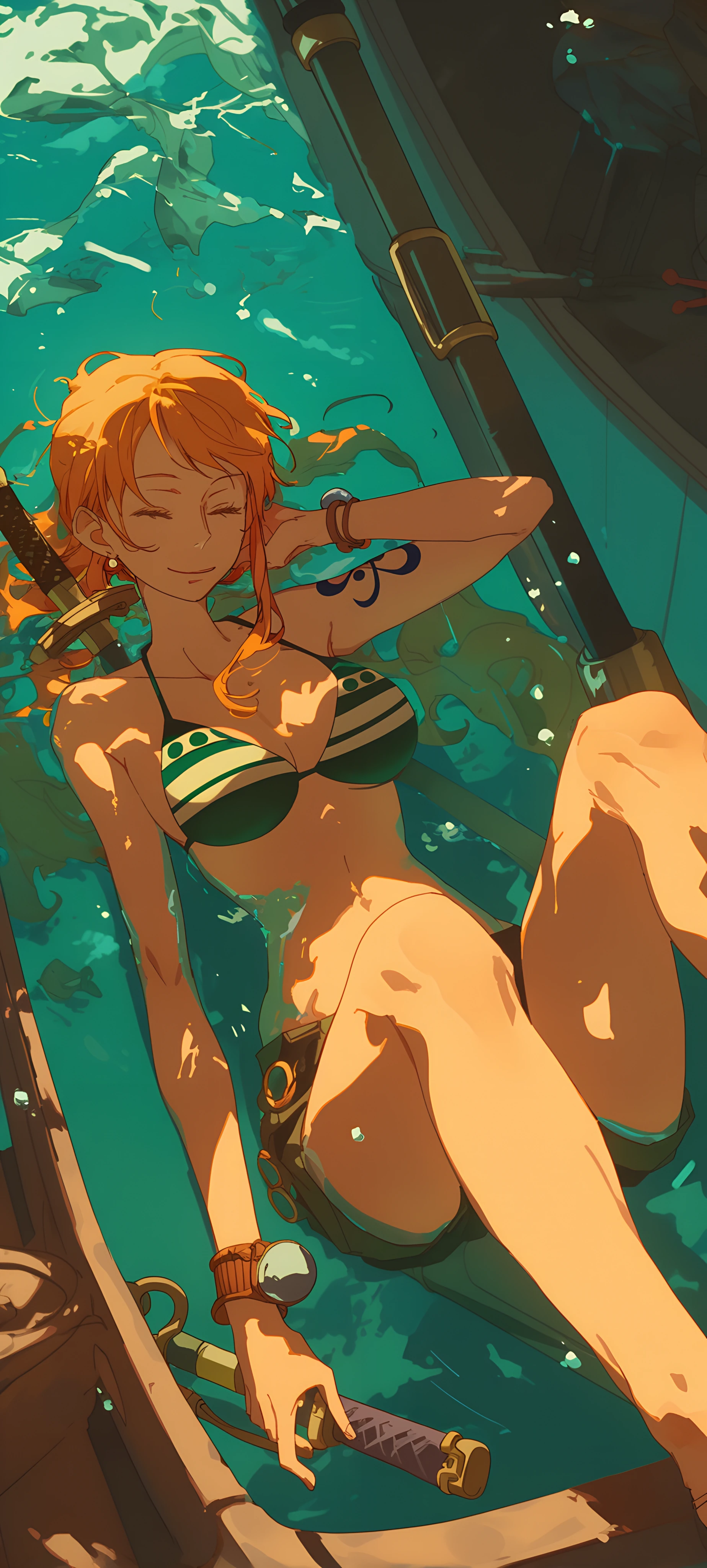 cute anime girl wallpaper — swimsuit, bikini, orange hair (free 4K phone download)