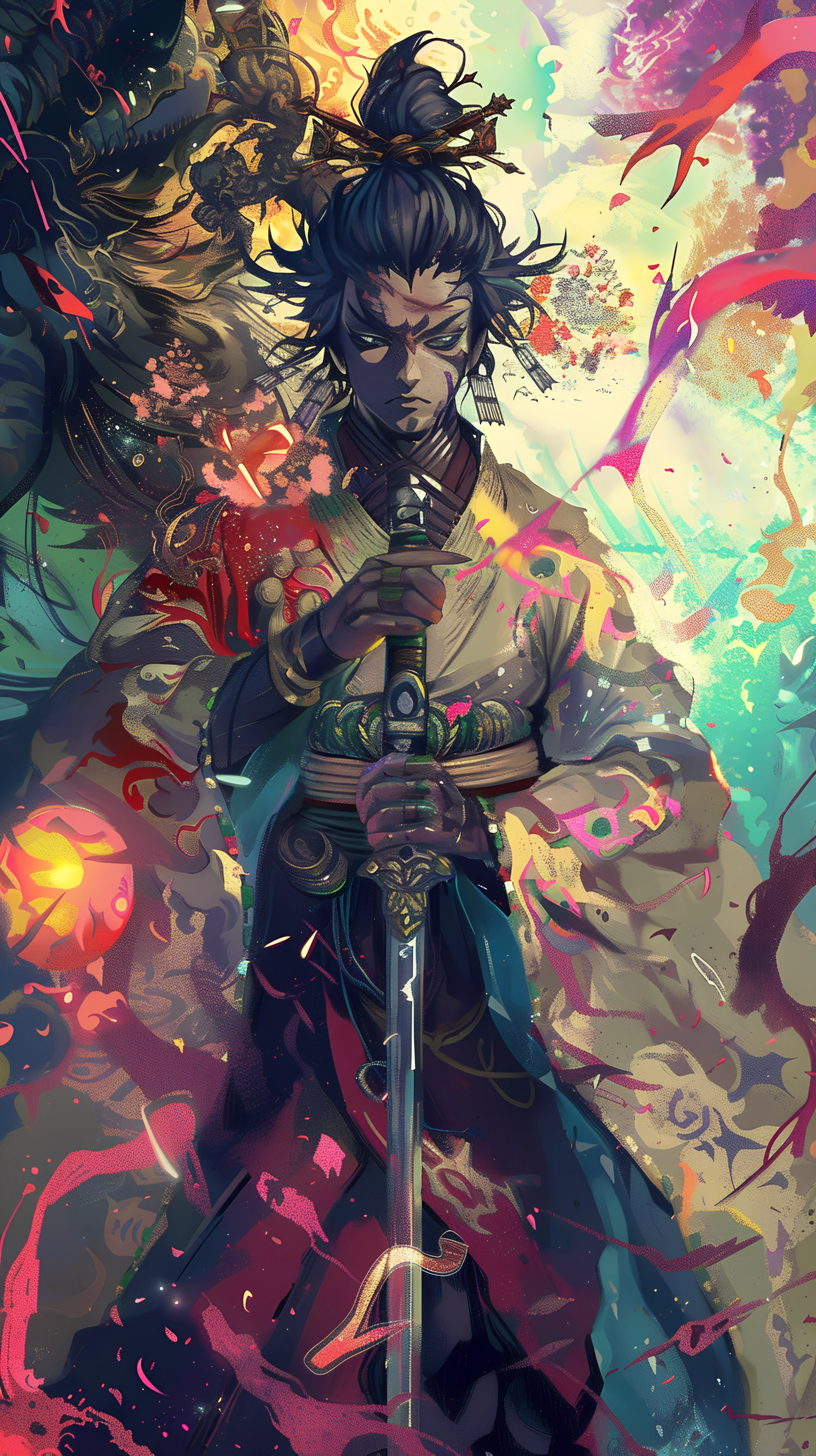 colorful anime boy wallpaper — weapon, sword, holding, black hair (free 4K phone download)