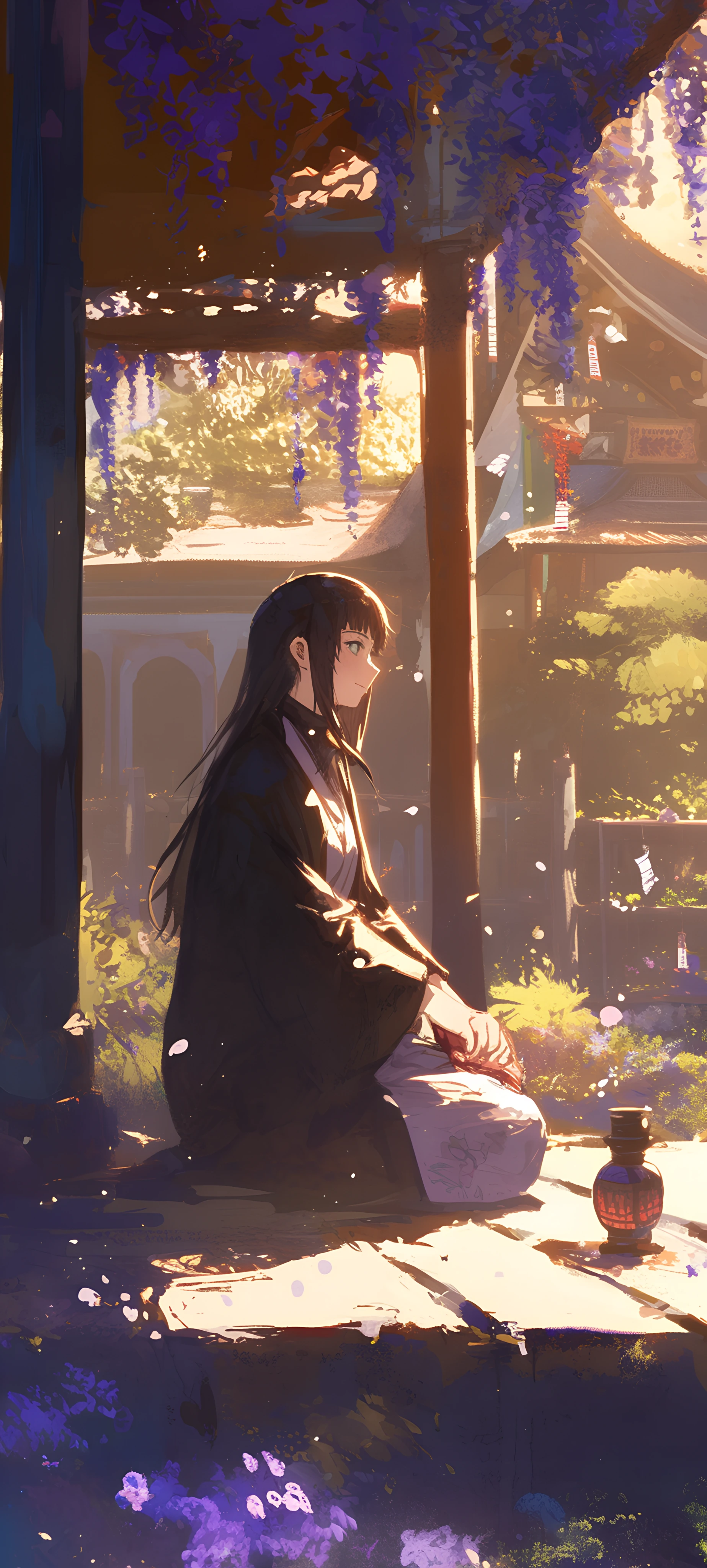 serene anime girl wallpaper — japanese clothes, long hair, black hair, seiza (free 4K phone download)
