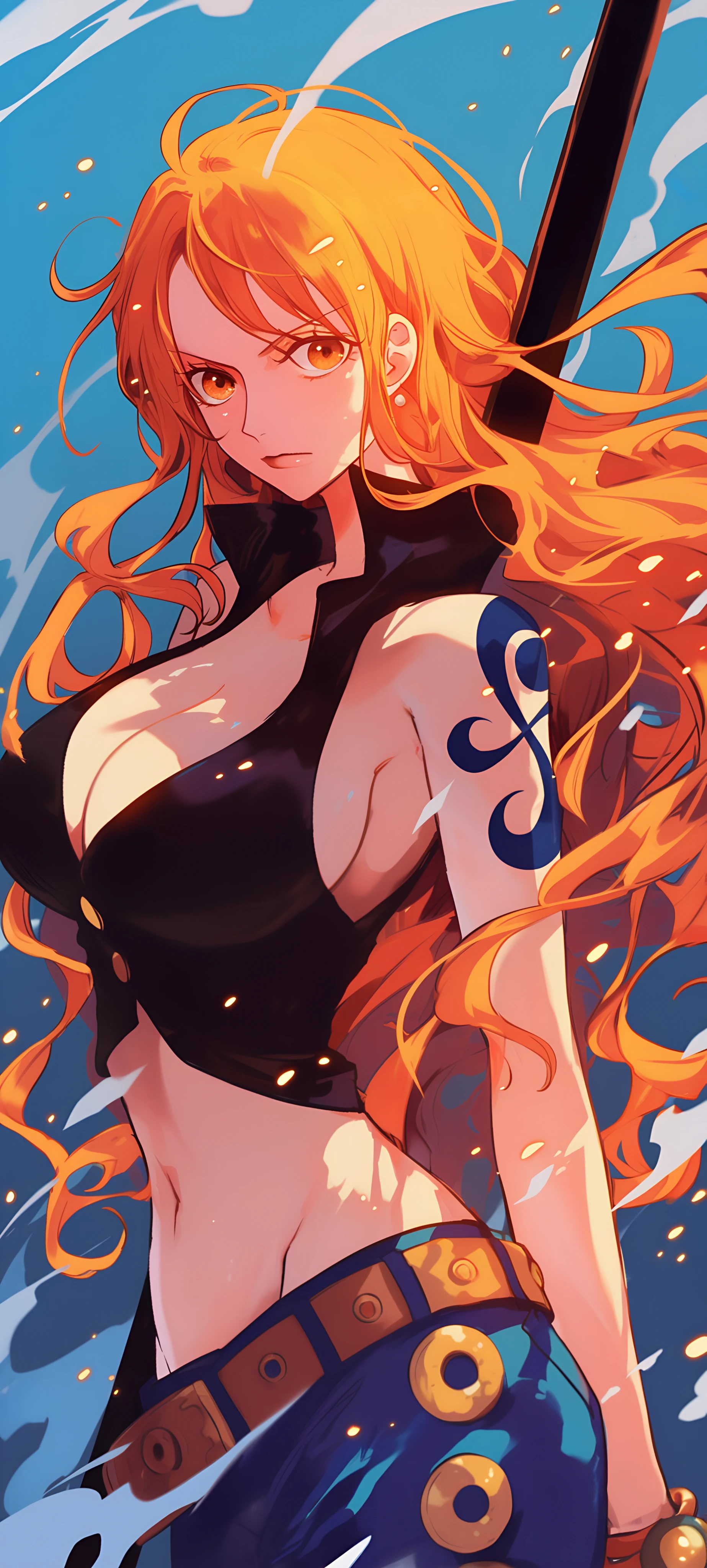 colorful anime girl wallpaper — orange hair, long hair, navel (free 4K phone download)