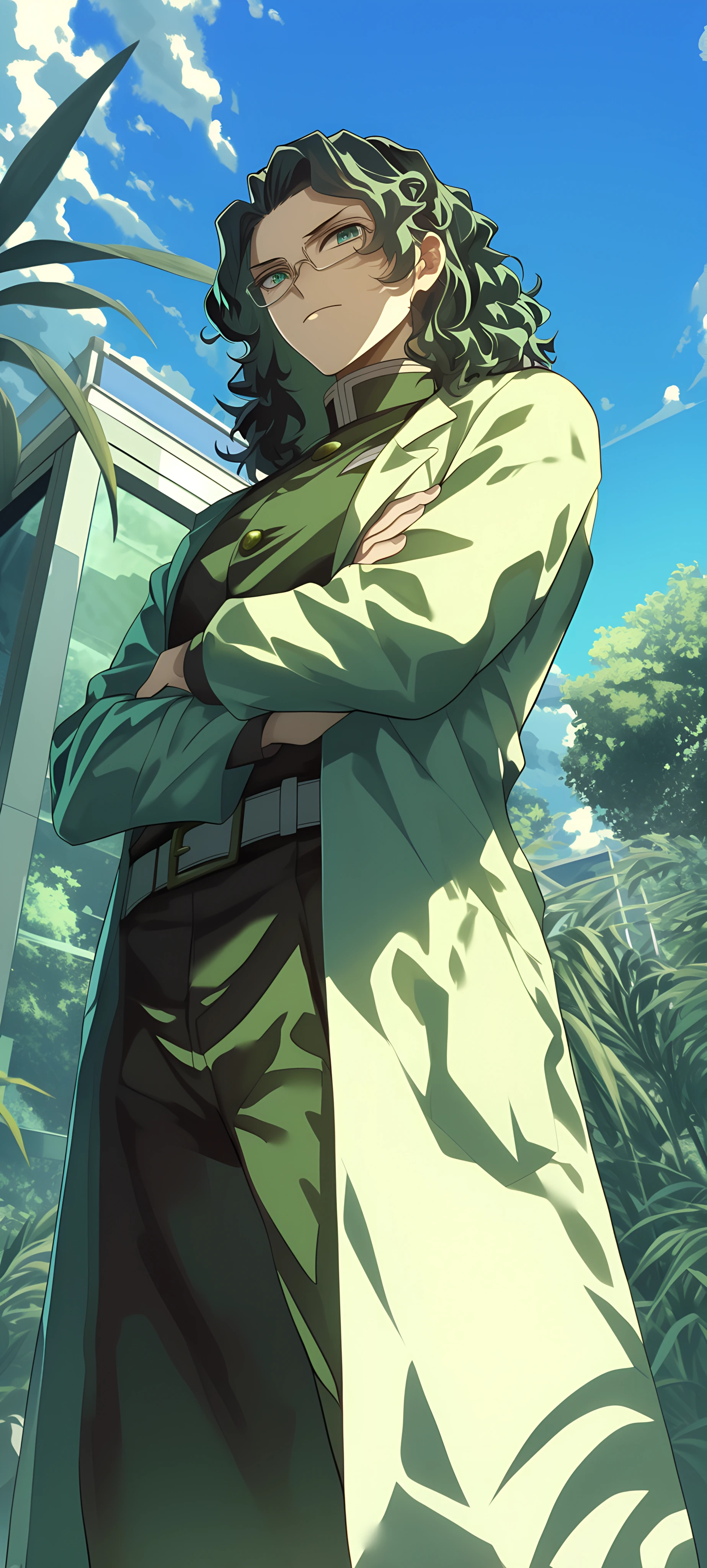 elegant anime boy wallpaper — crossed arms, male focus, glasses (free 4K phone download)