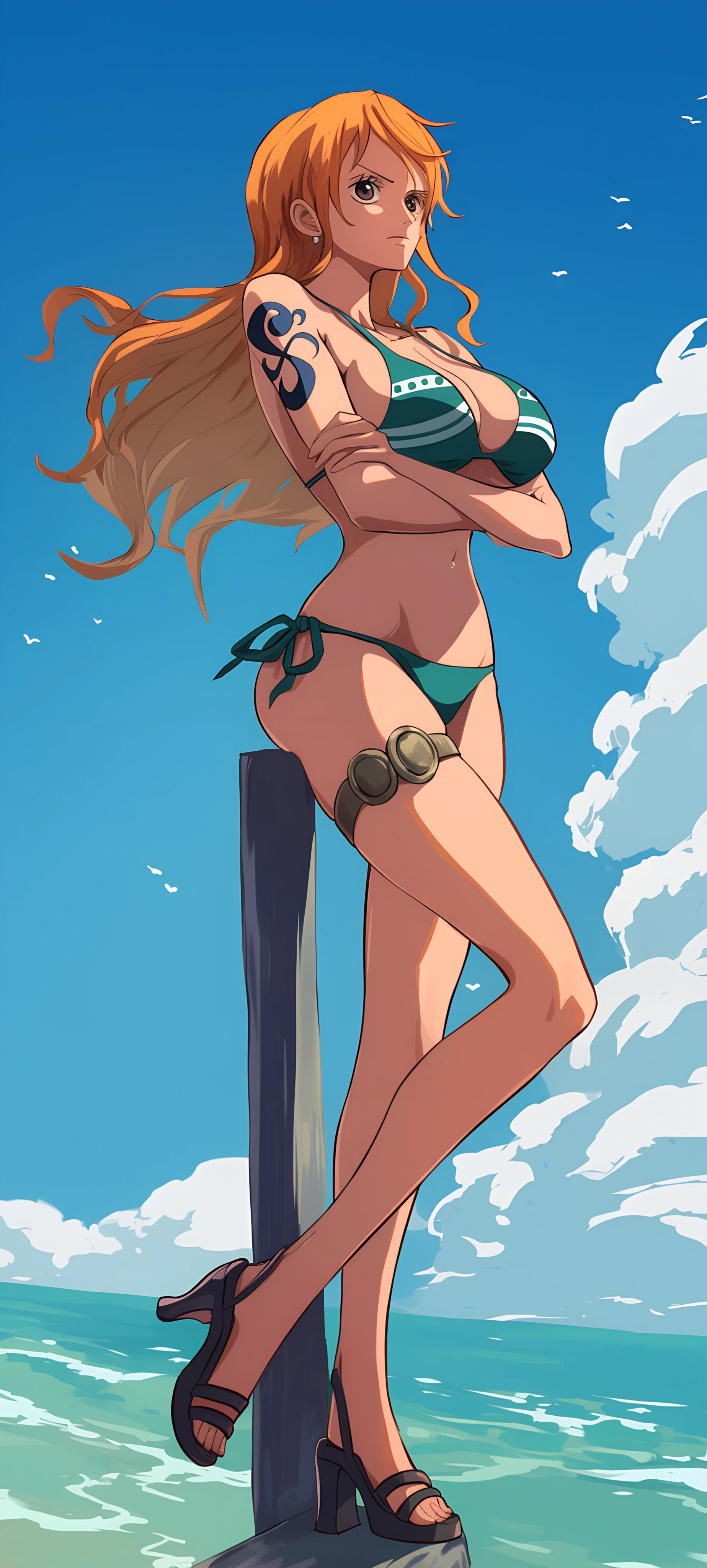 cute anime girl wallpaper — swimsuit, bikini, orange hair (free 4K phone download)