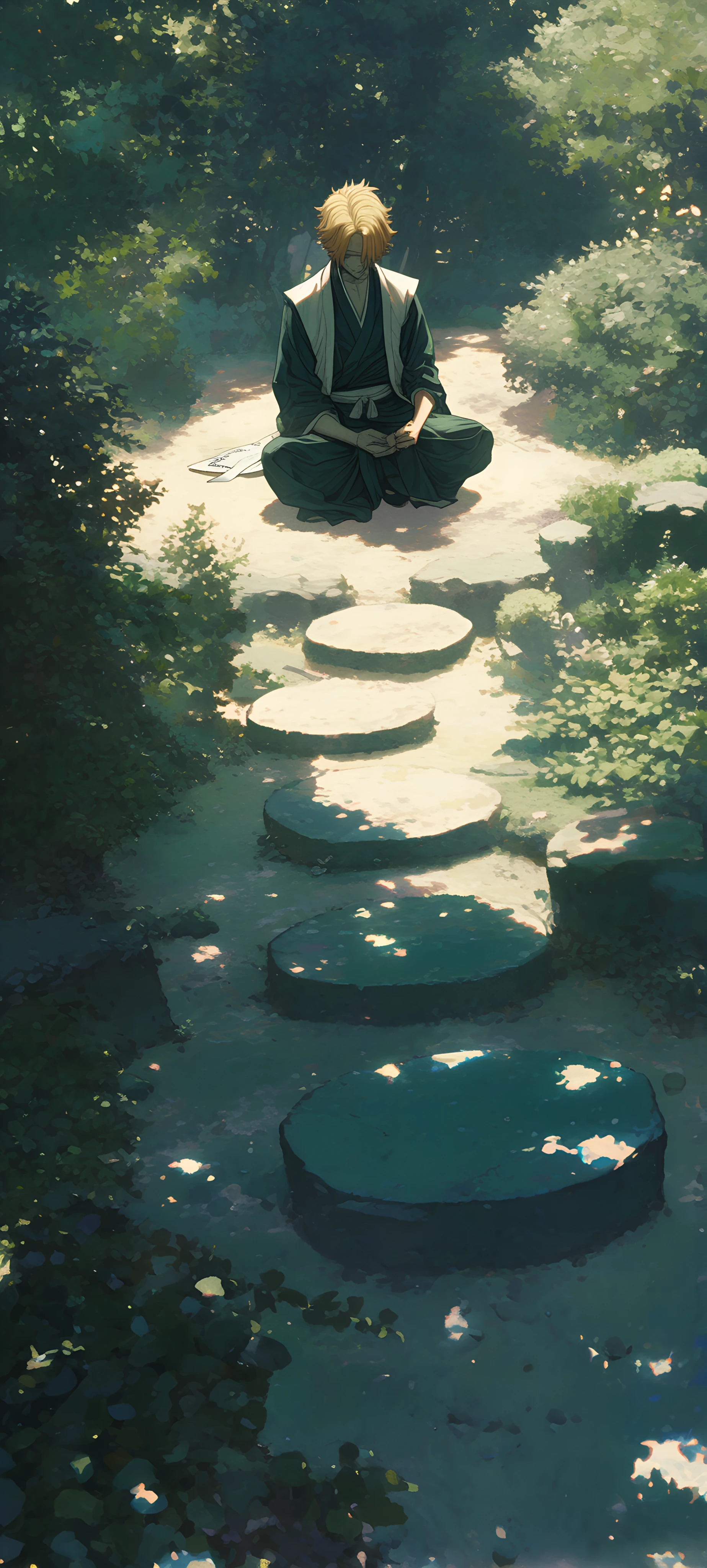 serene anime boy wallpaper — male focus, bush, short hair (free 4K phone download)