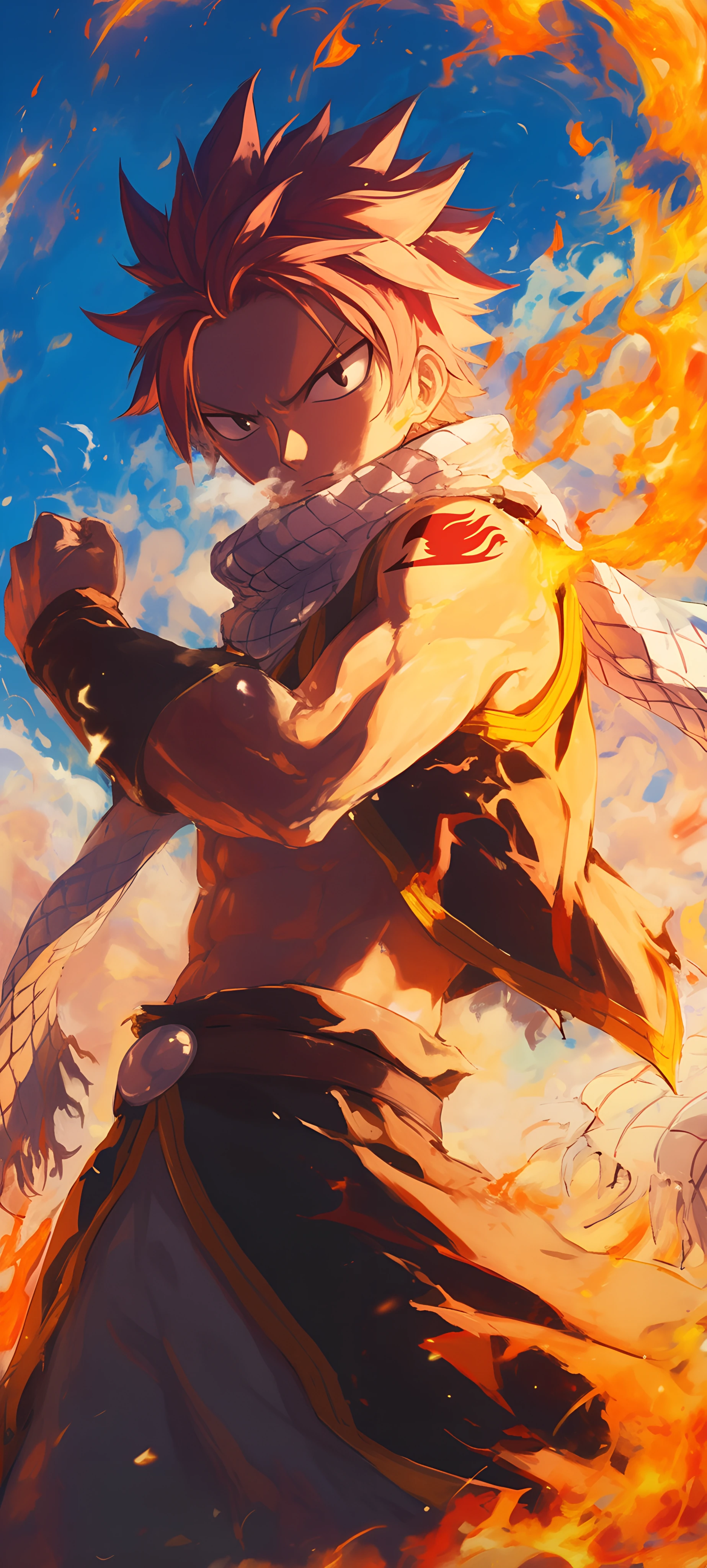 epic anime boy wallpaper — male focus, scarf, fire (free 4K phone download)