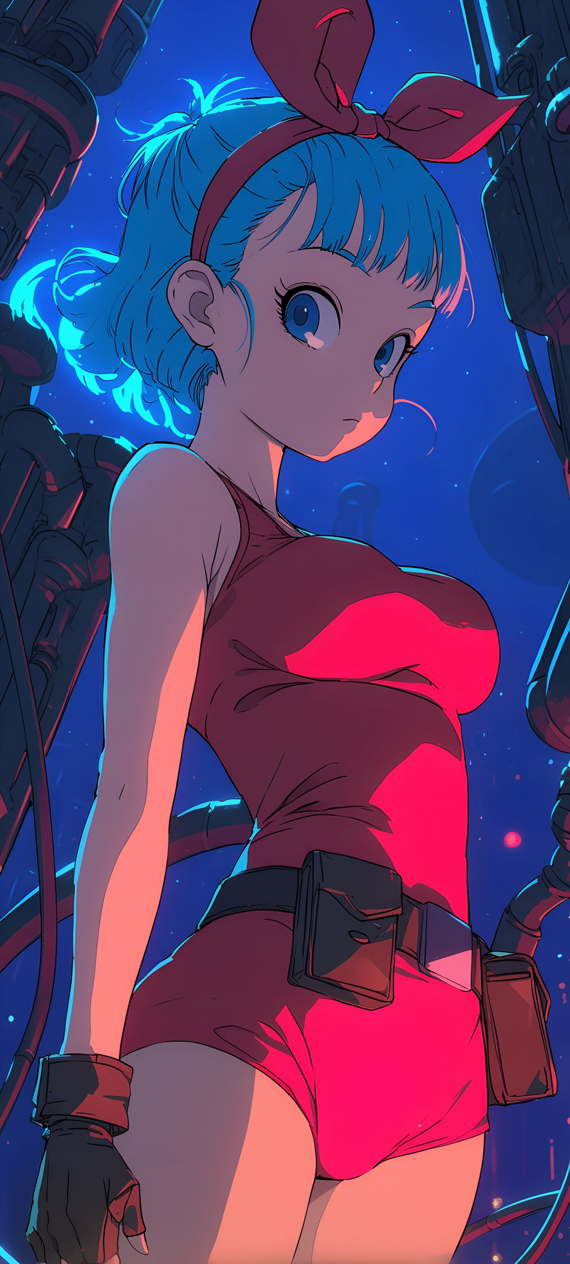 neon anime girl wallpaper — gloves, blue hair, blue eyes (free 4K phone download)