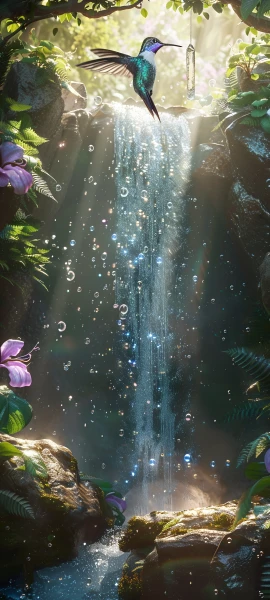 magical architecture wallpaper — bird, waterfall, water, flower (free 4K phone download)
