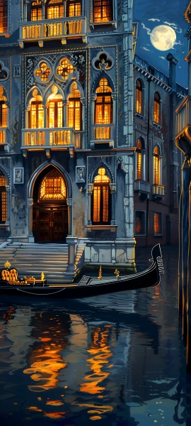 romantic architecture wallpaper — moon, night, scenery, boat (free 4K phone download)