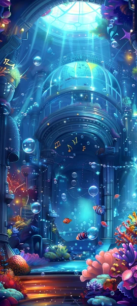whimsical architecture wallpaper — fish, coral, underwater, bubble (free 4K phone download)