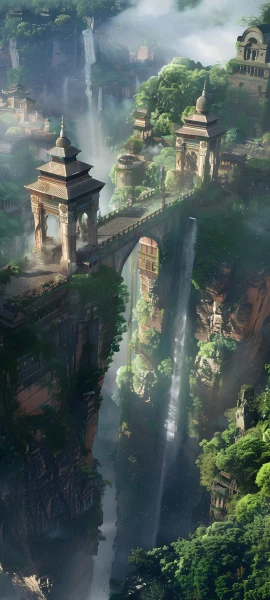 serene architecture wallpaper — scenery, waterfall, water, cloud (free 4K phone download)