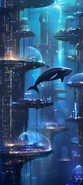 futuristic architecture wallpaper — scenery, whale, jellyfish, fish (free 4K phone download)