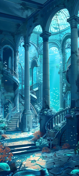 futuristic architecture wallpaper — scenery, fish, coral, stairs (free 4K phone download)