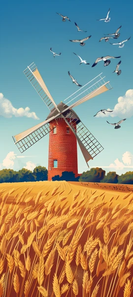 whimsical architecture wallpaper — windmill, sky, scenery, bird (free 4K phone download)