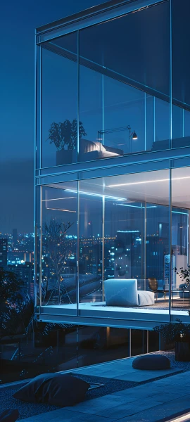 futuristic architecture wallpaper — scenery, window, night, plant (free 4K phone download)