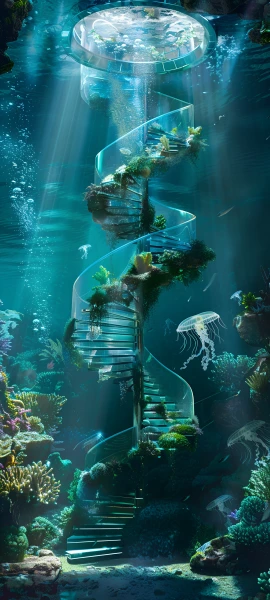 futuristic architecture wallpaper — jellyfish, scenery, underwater, stairs (free 4K phone download)