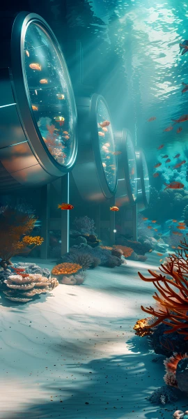 futuristic architecture wallpaper — fish, scenery, coral, sunlight (free 4K phone download)