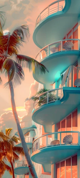 vaporwave architecture wallpaper — tree, palm tree, scenery, sky (free 4K phone download)