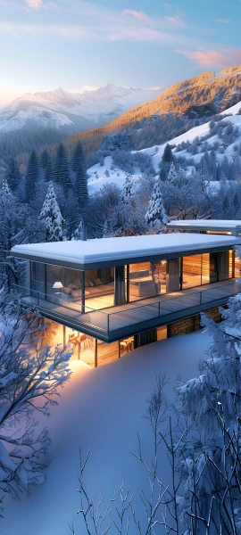 cozy architecture wallpaper — scenery, snow, mountain, tree (free 4K phone download)
