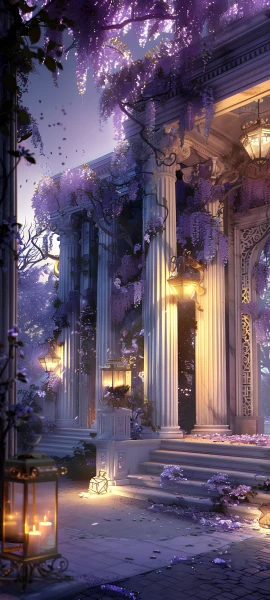 gothic architecture wallpaper — wisteria, scenery, lantern, stairs (free 4K phone download)
