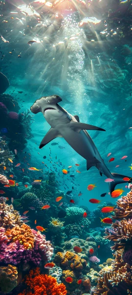 whimsical architecture wallpaper — fish, underwater, coral, light rays (free 4K phone download)