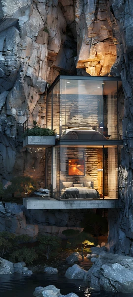 cozy architecture wallpaper — scenery, window, water, rock (free 4K phone download)